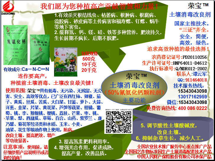 榮寶（氰氨化鈣）顆粒殺菌劑，土壤消毒、緩釋氮鈣營(yíng)養(yǎng)、肥料增效、土壤改良四效合一，殺滅根結(jié)線(xiàn)蟲(chóng)，防治根腫病、根腐病、枯萎病、流膠病、蓮藕腐敗病等土傳病害，殺滅福壽螺、釘螺等地下害蟲(chóng)，解決連作障礙